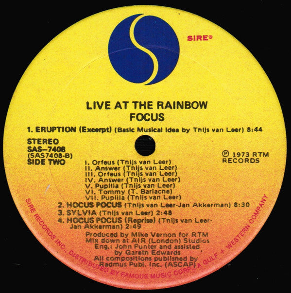 Focus (2) : Live At The Rainbow (LP, Album, Son)