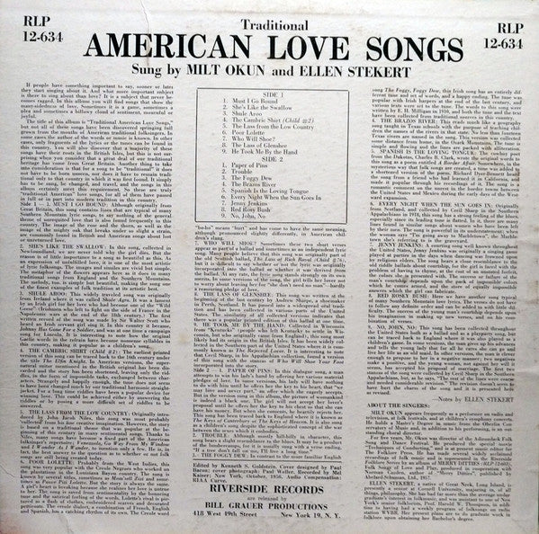 Milton Okun And Ellen Stekert : Traditional American Love Songs (LP, Album, Mono)