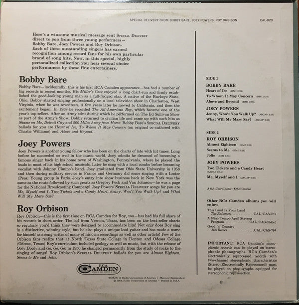 Bobby Bare / Joey Powers / Roy Orbison : Special Delivery From Bobby Bare...Joey Powers...Roy Orbison (LP, Comp, Mono)