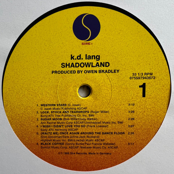 k.d. lang : Shadowland (The Owen Bradley Sessions) (LP, Album, RE)