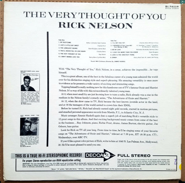 Rick Nelson* : The Very Thought Of You (LP, Pic)