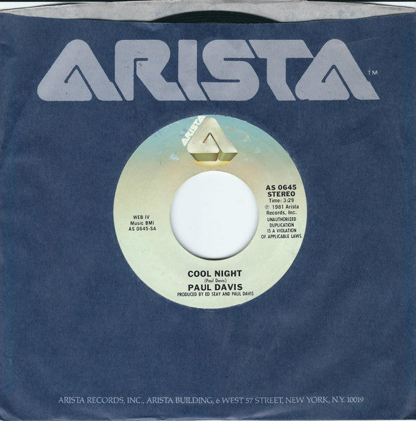Paul Davis (3) : Cool Night / One More Time For The Lonely (7", Single, Styrene, Ter)