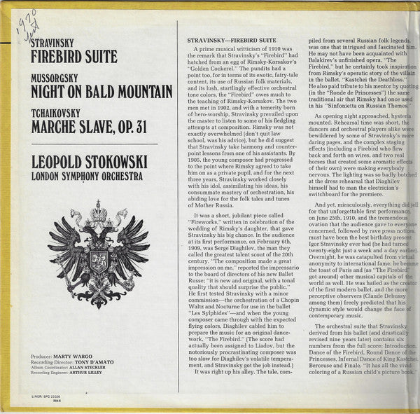 Igor Stravinsky / Pyotr Ilyich Tchaikovsky / Modest Mussorgsky, Leopold Stokowski, London Symphony Orchestra : Firebird Suite / Marche Slave / Night On Bald Mountain (LP)