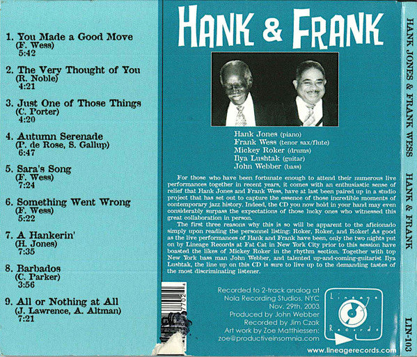 Hank Jones & Frank Wess : Hank And Frank (CD, Album)