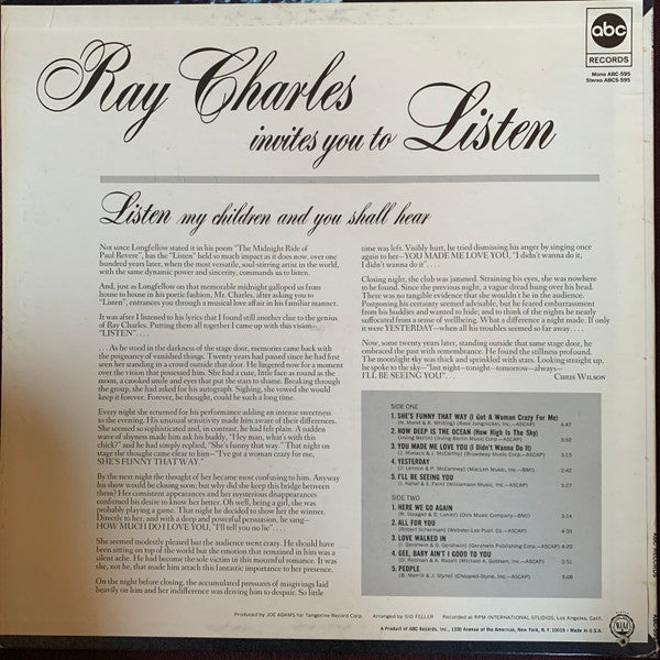 Ray Charles : Invites You To Listen (LP, Album, Mono, Kee)