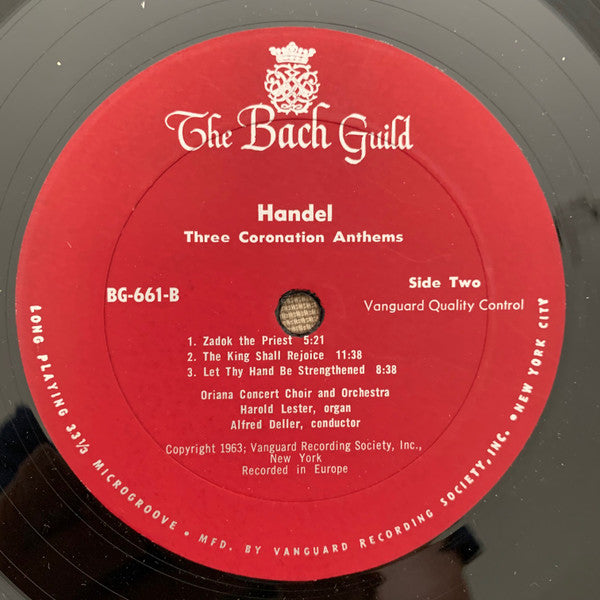 Oriana Concert Orchestra, London Oriana Choir, Alfred Deller : Handel: Ode For The Birthday Of Queen Anne, Three Coronation Anthems (LP)