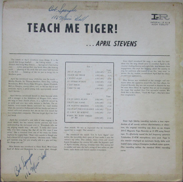April Stevens : Teach Me Tiger! (LP, Album, Mono)