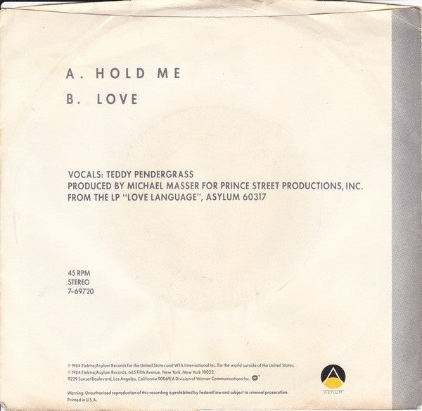 Teddy Pendergrass : Hold Me (7", SP )