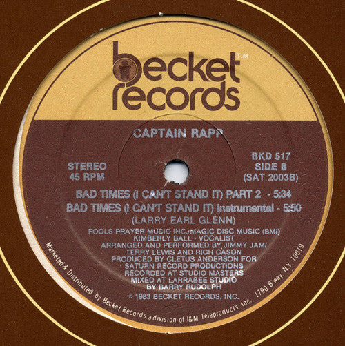 Captain Rapp : Bad Times (I Can't Stand It) (12", Single)