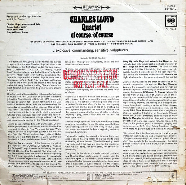 Charles Lloyd Quartet* : Of Course, Of Course (LP, Album)