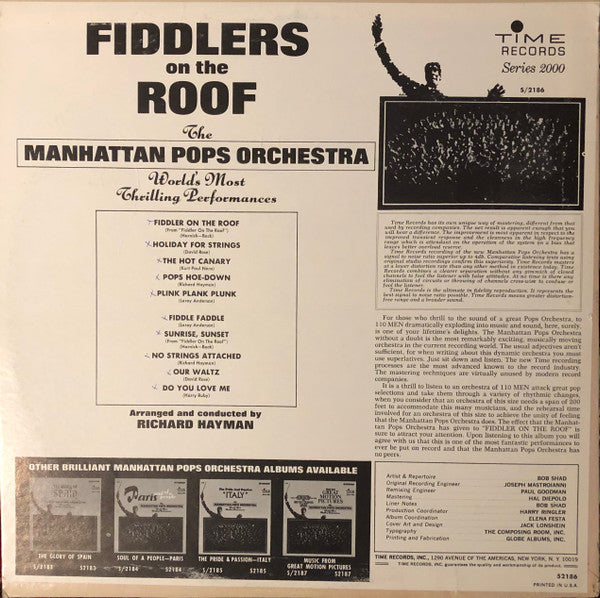 The Manhattan Pops Orchestra : Fiddlers On The Roof (LP)
