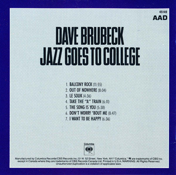 The Dave Brubeck Quartet : Jazz Goes To College (CD, Album, RE, RM)