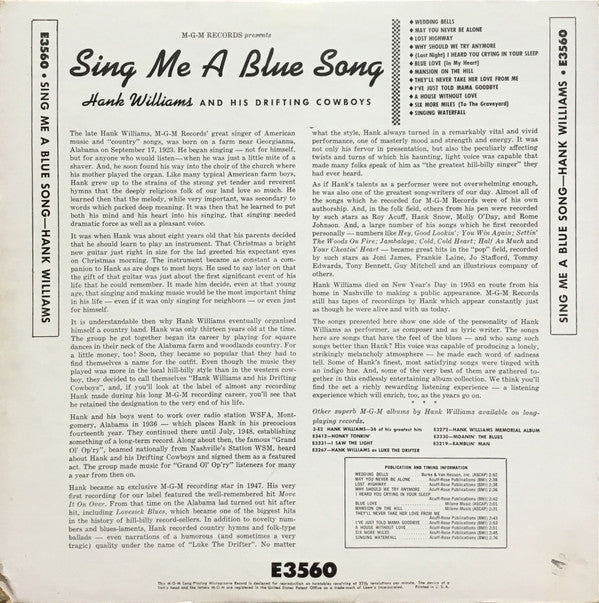 Hank Williams With His Drifting Cowboys : Sing Me A Blue Song (LP, Album)