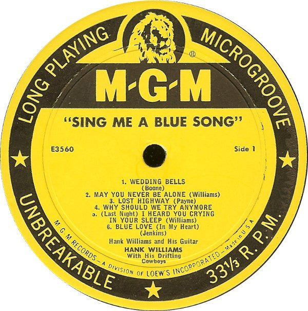 Hank Williams With His Drifting Cowboys : Sing Me A Blue Song (LP, Album)