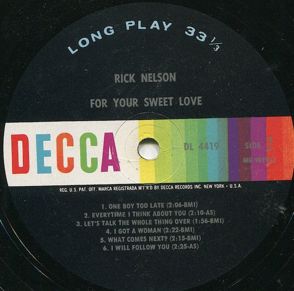 Rick Nelson* : For Your Sweet Love (LP, Album, Mono)