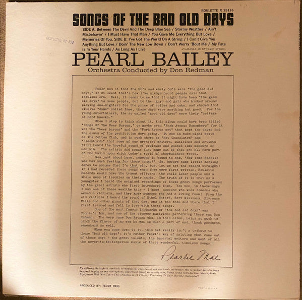 Pearl Bailey : Songs Of The Bad Old Days (LP, Album, Mono)