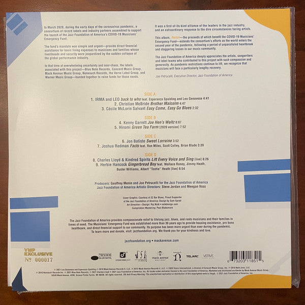 Various : Relief A Benefit For The Jazz Foundation Of America's Musician's Emergency Fund (2xLP, Album, Club, Ltd, Num, Aqu)
