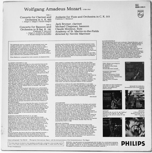 Mozart*, Jack Brymer, Michael Chapman (4), Claude Monteux, Academy Of St. Martin-in-the-Fields*, Neville Marriner* : Clarinet Concerto / Bassoon Concerto / Andante For Flute (LP)