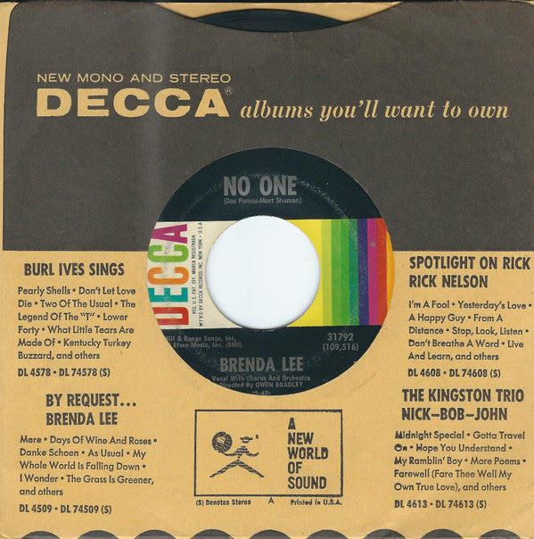 Brenda Lee : No One / Too Many Rivers (7", Pin)
