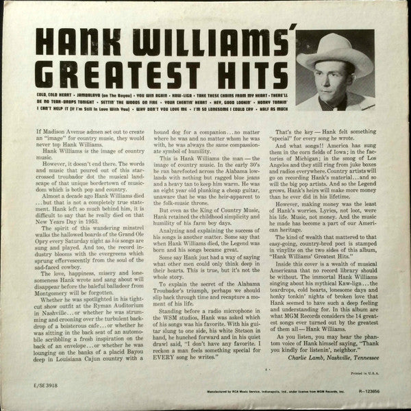 Hank Williams : Hank Williams' Greatest Hits (LP, Album, Comp, RE)