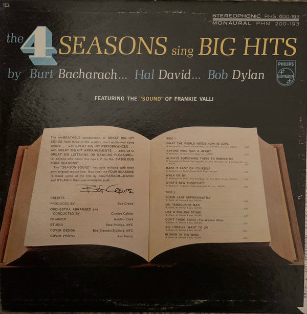 The 4 Seasons* : The 4 Seasons Sing Big Hits By Burt Bacharach... Hal David... Bob Dylan (LP, Album, Mono)