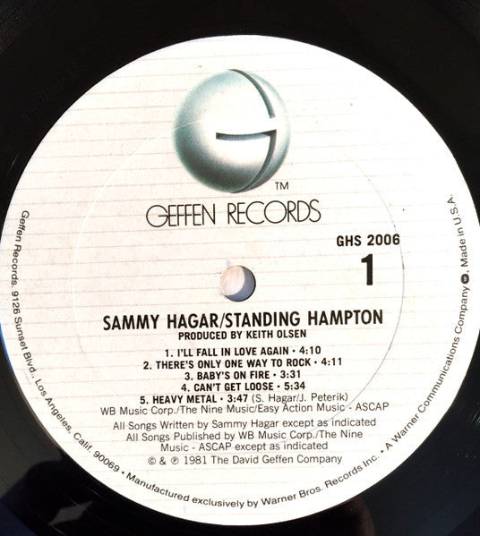 Sammy Hagar : Standing Hampton (LP, Album, Club, CRC)