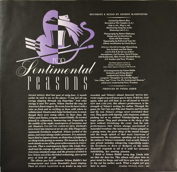 Linda Ronstadt With Nelson Riddle & His Orchestra* : For Sentimental Reasons (LP, Album, Club, RCA)