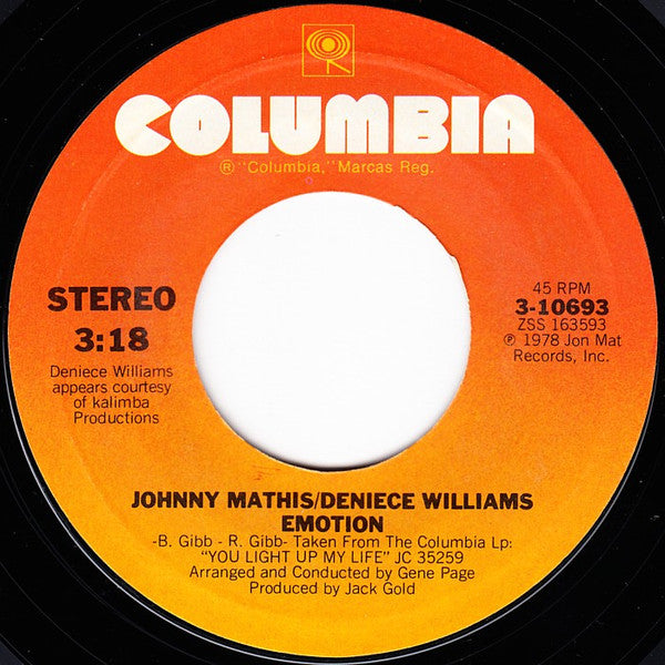 Johnny Mathis & Deniece Williams : Too Much, Too Little, Too Late (7", Single, Styrene, Pit)