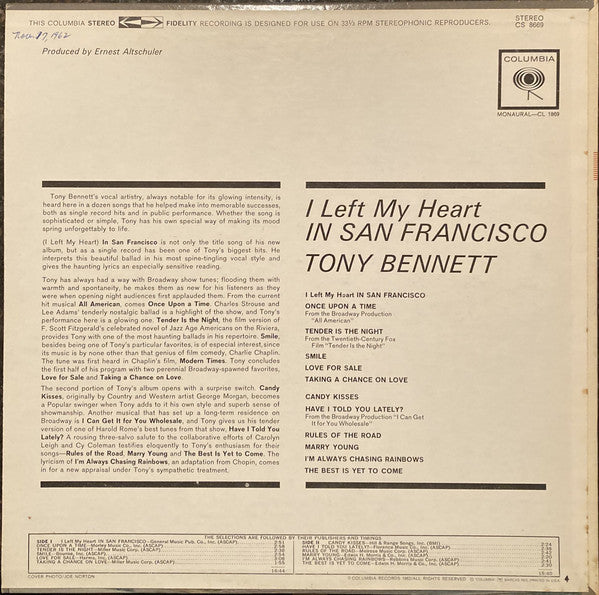 Tony Bennett : I Left My Heart In San Francisco (LP, Album, Ter)