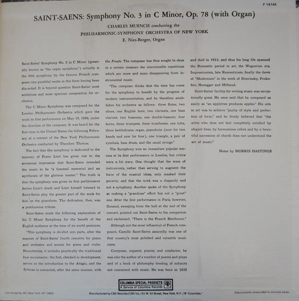 Saint-Saëns*, Philharmonic-Symphony Orchestra Of New York, Charles Muench*, E. Nies-Berger* : Symphony No.3 In C Minor, Op. 78 (With Organ) (LP, Album)