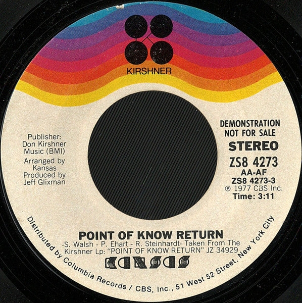 Kansas (2) : Point Of Know Return (7", Single, Promo, Ter)