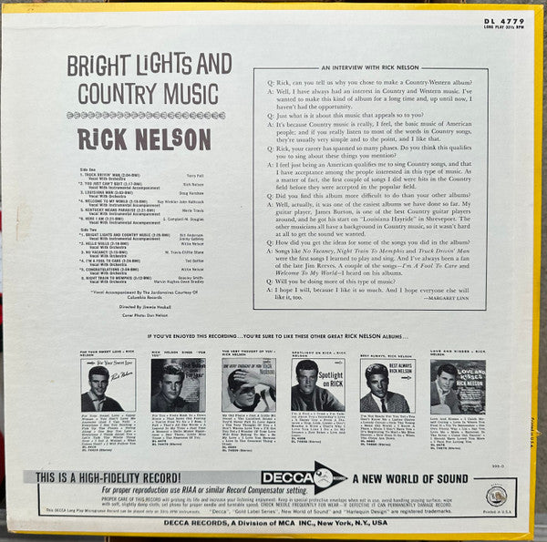 Ricky Nelson (2) : Bright Lights And Country Music  (LP, Album, Mono)