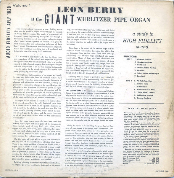 Leon Berry : Giant Wurlitzer Pipe Organ Volume 1 (LP, Album)