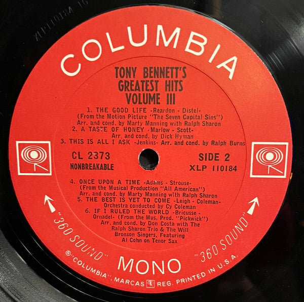 Tony Bennett : Tony's Greatest Hits, Volume III (LP, Comp, Mono, Pit)