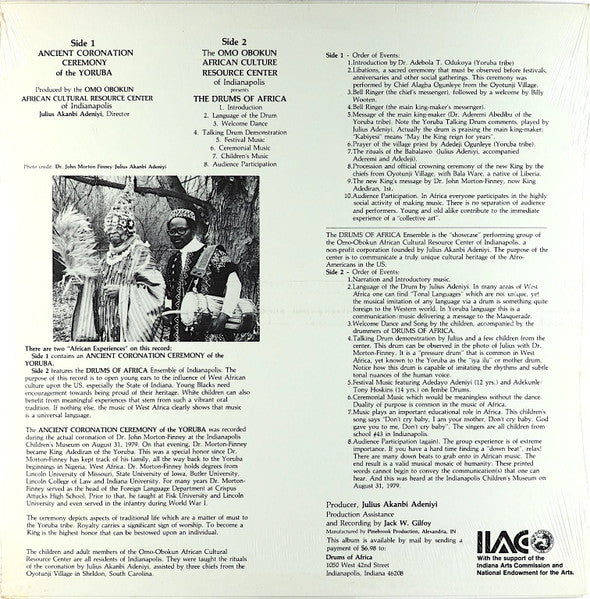 Omo Obokun African Resource Center Of Indianapolis , Presents: Yoruba (2) : Ancient Coronation Ceremony And Music Of The Yoruba - Recorded In Concert (LP)