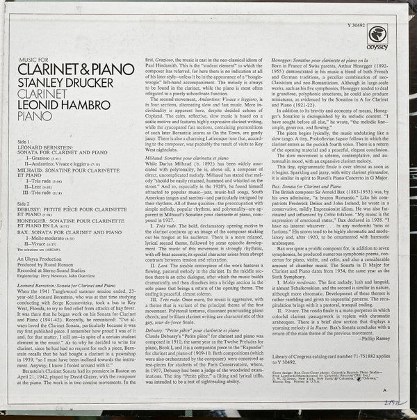 Bernstein* / Debussy* / Milhaud* / Honegger* / Bax*, Stanley Drucker, Leonid Hambro : Music For Clarinet & Piano (LP)