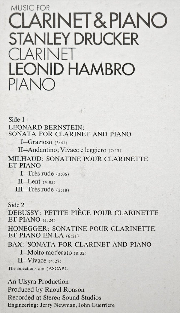 Bernstein* / Debussy* / Milhaud* / Honegger* / Bax*, Stanley Drucker, Leonid Hambro : Music For Clarinet & Piano (LP)