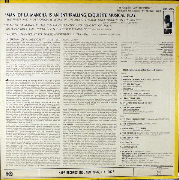 Original Cast*, Richard Kiley, Joan Diener, Irving Jacobson, Robert Rounseville, Ray Middleton : Man Of La Mancha (LP, Album)