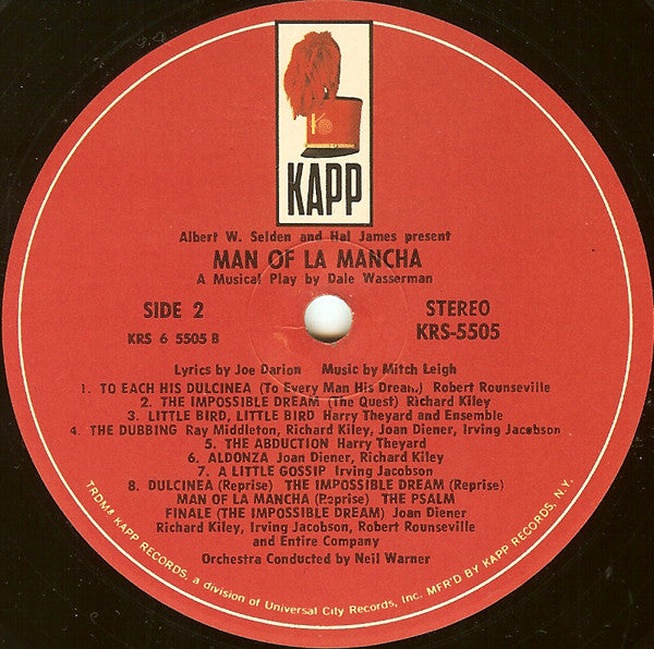 Original Cast*, Richard Kiley, Joan Diener, Irving Jacobson, Robert Rounseville, Ray Middleton : Man Of La Mancha (LP, Album)