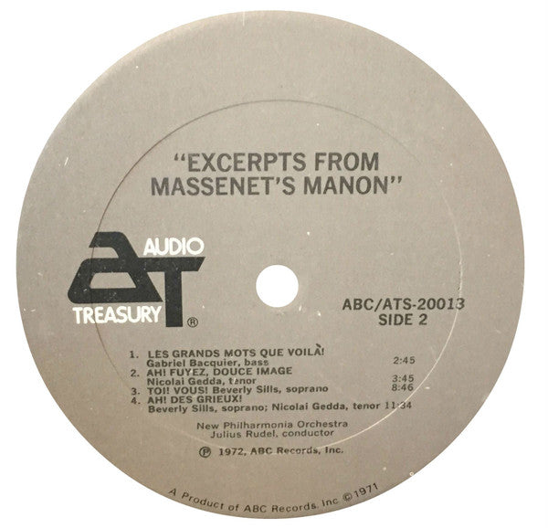Beverly Sills, Nicolai Gedda, Gerard Souzay*, Gabriel Bacquier -- Massenet* : New Philharmonia Orchestra, Julius Rudel : "Excerpts From Massenet's Manon" (LP)