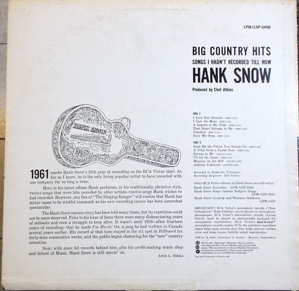 Hank Snow : Big Country Hits: Songs I Hadn't Recorded Till Now (LP, Album)
