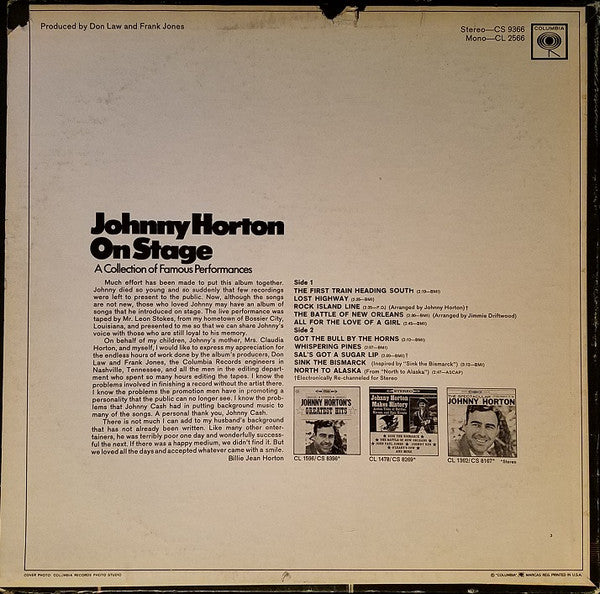 Johnny Horton : Johnny Horton On Stage (LP, Album, Mono)