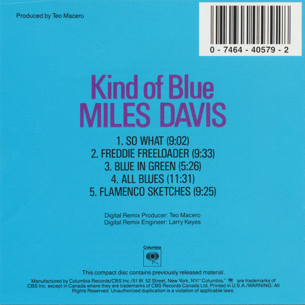 Miles Davis : Kind Of Blue (CD, Album, RE, RM, RP)