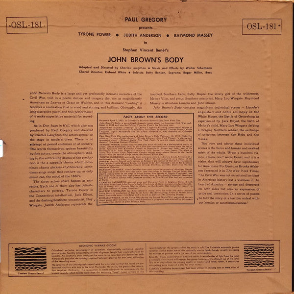 Stephen Vincent Benét, Raymond Massey, Judith Anderson, Tyrone Power : Stephen Vincent Benet's John Brown's Body (2xLP, RE)