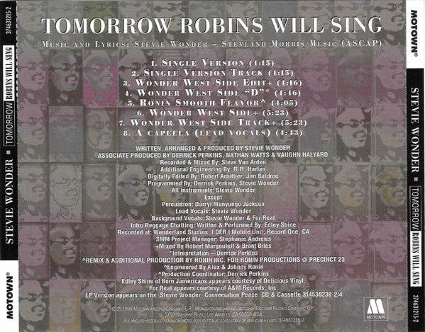 Stevie Wonder : Tomorrow Robins Will Sing (CD, Maxi, Promo)