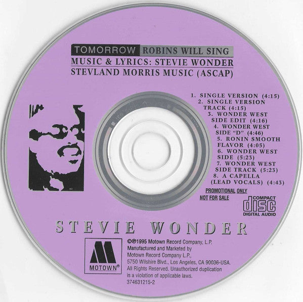 Stevie Wonder : Tomorrow Robins Will Sing (CD, Maxi, Promo)