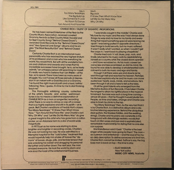 Charlie Rich : Too Many Teardrops (LP, Comp)