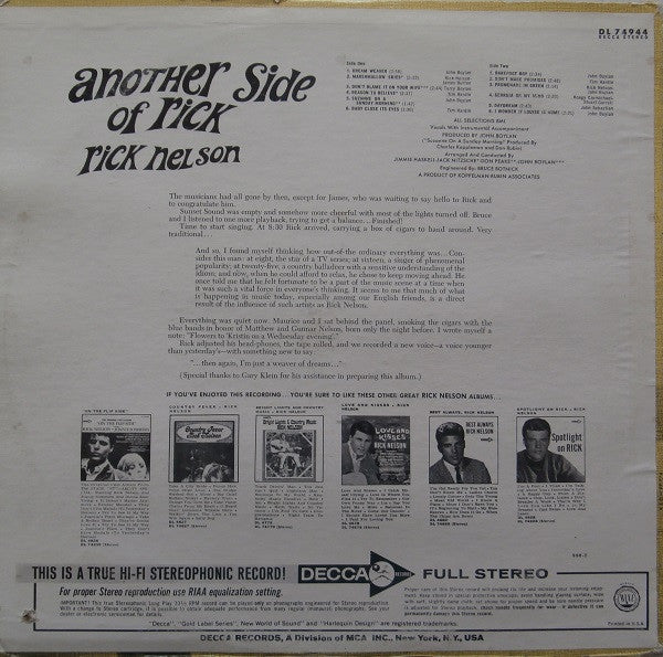 Rick Nelson* : Another Side Of Rick (LP, Album, Pin)