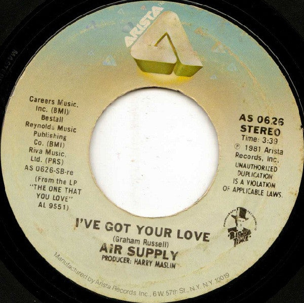Air Supply : Here I Am (Just When I Thought I Was Over You) / I've Got Your Love (7", Single, RE, Styrene, Ter)