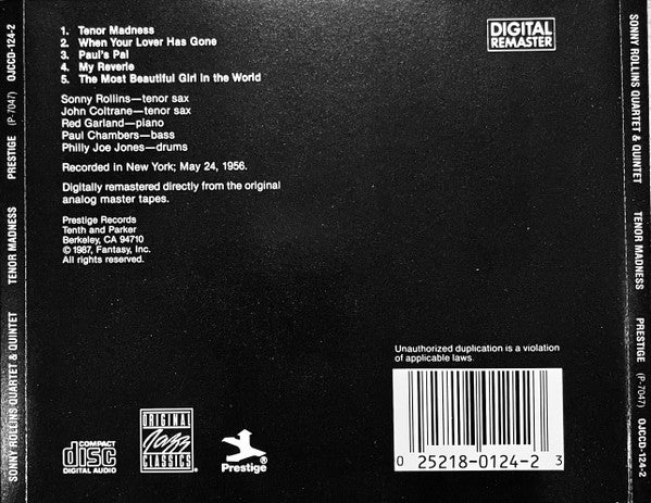 Sonny Rollins Quartet : Tenor Madness (CD, Album, RE, RM)